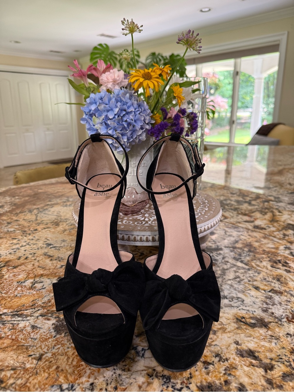 Beau & Ashe Black Suede Platform Peep-Toe Heels with Bow Ankle Strap - Picture 2 of 5